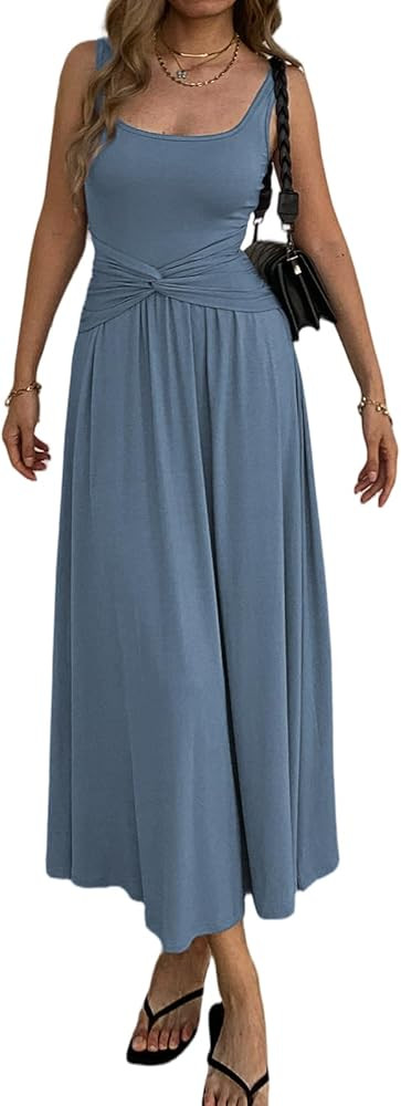 Women's Summer Mock Knot Front Maxi Dress Sleeveless Square Neck Corset Ruched Waist Emipre Flowl... | Amazon (US)