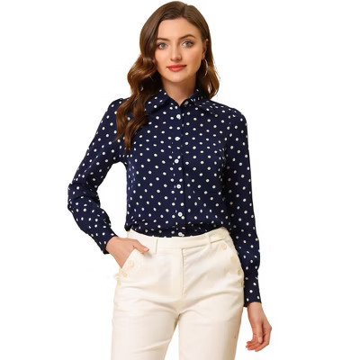 Allegra K Women's Collar Long Sleeve Polka Dots Blouse Button Down Shirt Dark Blue X-Small | Target