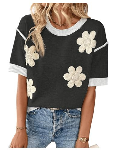 SHENHE Women's Short Sleeve Floral Sweater Crew Neck Flower Sweater Loose Cute Pullover Tops Black Small | Amazon (US)