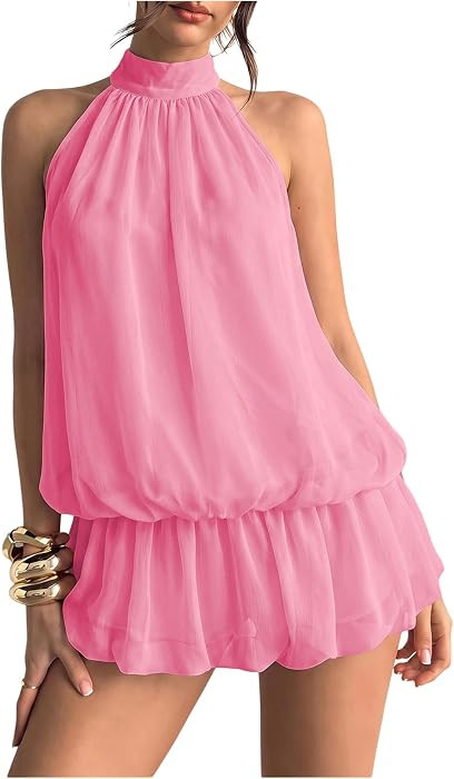 Floerns Women Backless Sleeveless Ruffle Bubble Hem Mesh Halter Mini Dress | Amazon (US)