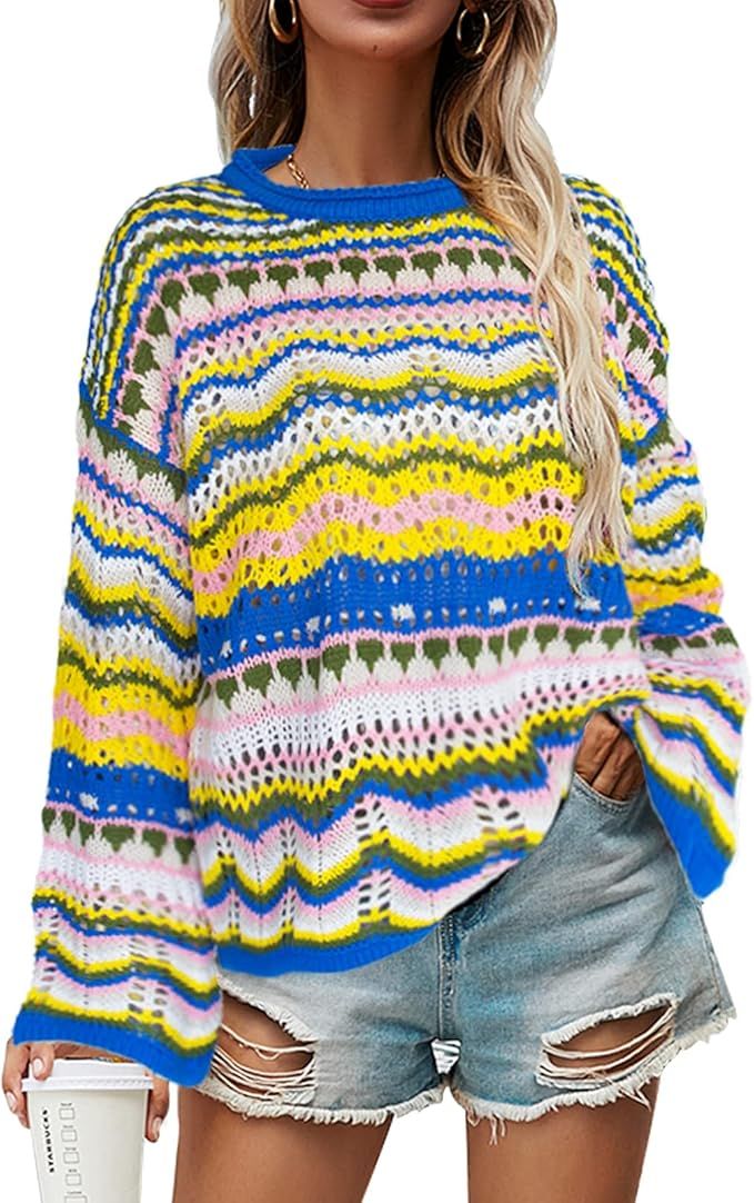 Women’s Pullover Sweater Knit 70’s Vintage Vibes Long Sleeve Crew Neck Casual Loose Oversized... | Amazon (US)