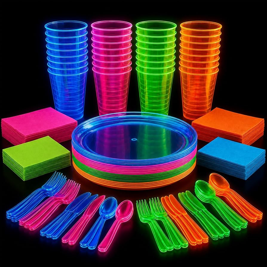 Kedudes Neon Glow Party Supplies, Serves 32 - Hard Plastic Disposable Party Neon Plates, Napkins,... | Amazon (US)