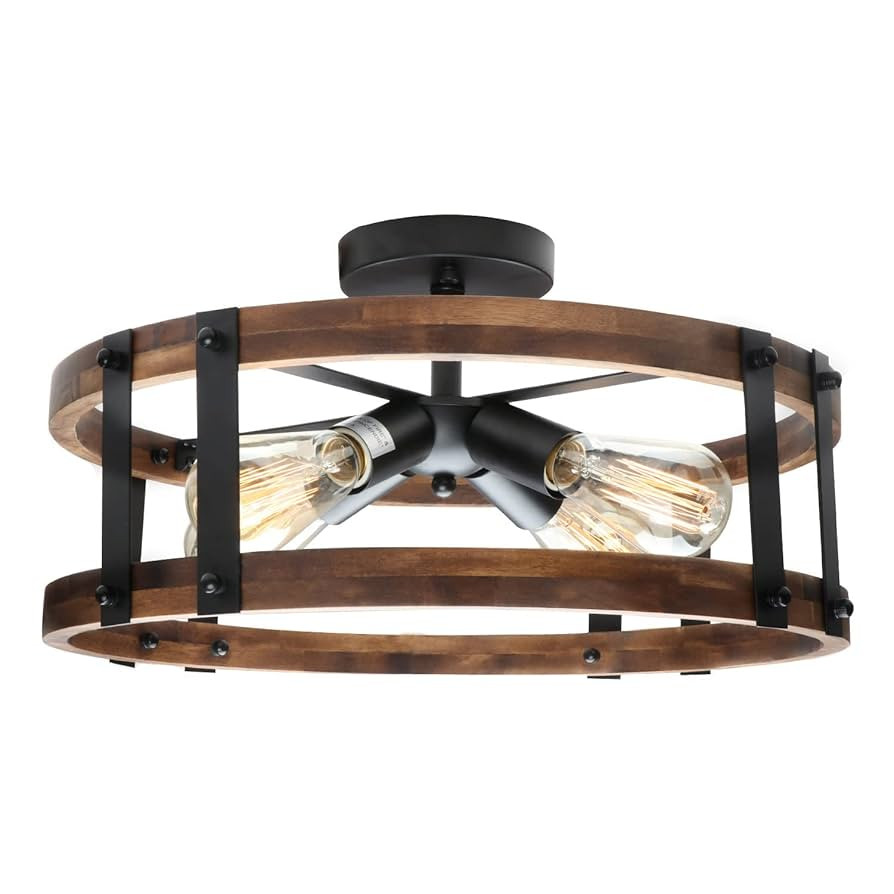 Semi Flush Mount Ceiling Light Fixture, Modern Farmhouse Wood Drum Ceiling Lamp, Rustic Close to ... | Amazon (US)