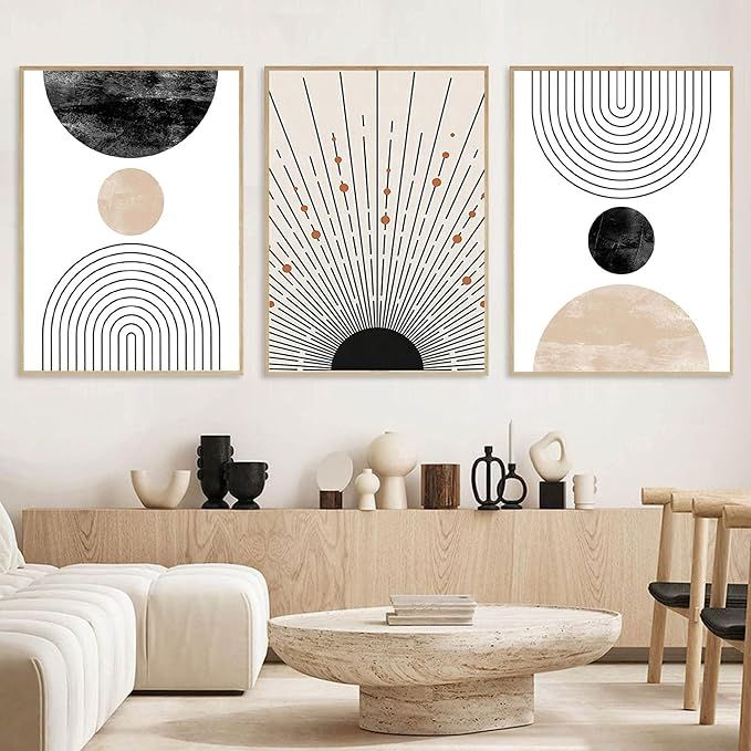 3Pcs Beige Boho Wall Art Mid Century Modern Wall Decor Pictures Neutral Abstract Geometric Line M... | Amazon (US)