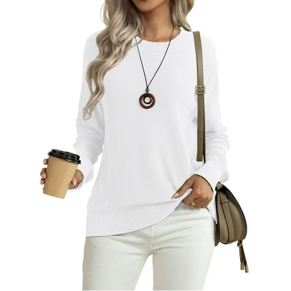 Asklazy Women's Fall Soft Crewneck Long Sleeve Hollow Cable Knit Pullover Sweaters,US Size,L,Whit... | Walmart (US)