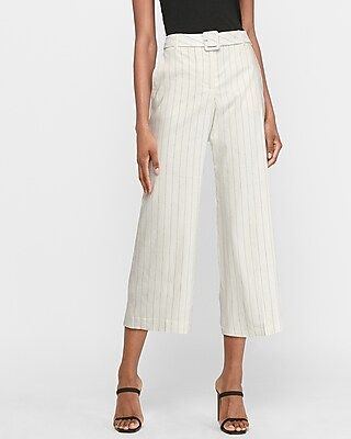 Super High Waisted Pinstripe Belted Cropped Wide Leg Palazzo Pant Black And White Stripe Women's 4 L | Express