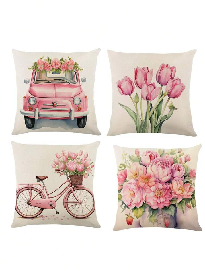4Pcs/Set Pink Floral Car, Pink Tulip, Pink Bicycle, Pink Flower Basket Pattern Pillowcase, Spring... | SHEIN