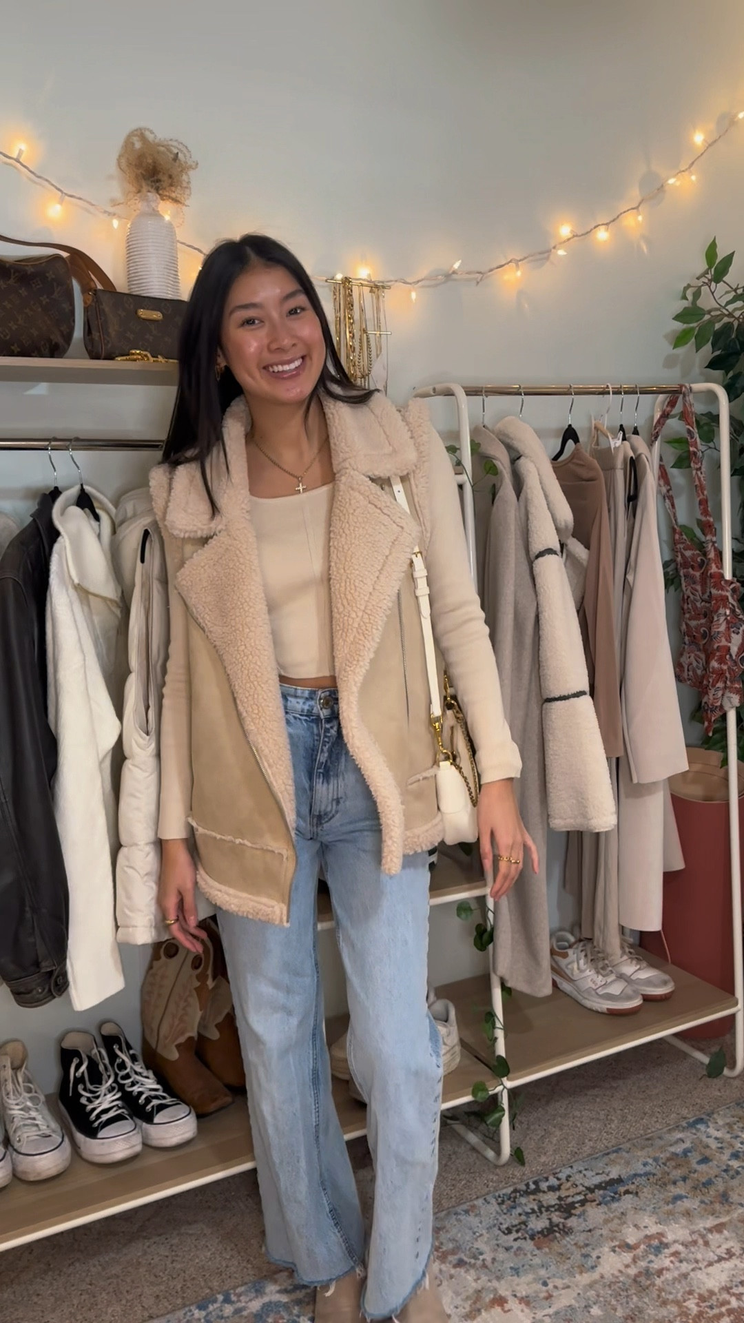 Thanksgiving fall outfit inspiration! 🍂❤️‍🔥 
Perfect for winter/ fall activities! I love this Sherpa vest outfit ! 
Also- my jeans. My FAVS! 🙌🏼

Wearing xs top 
Small vest 
Size 2 jean 

#LTKVideo #LTKSeasonal #LTKHoliday