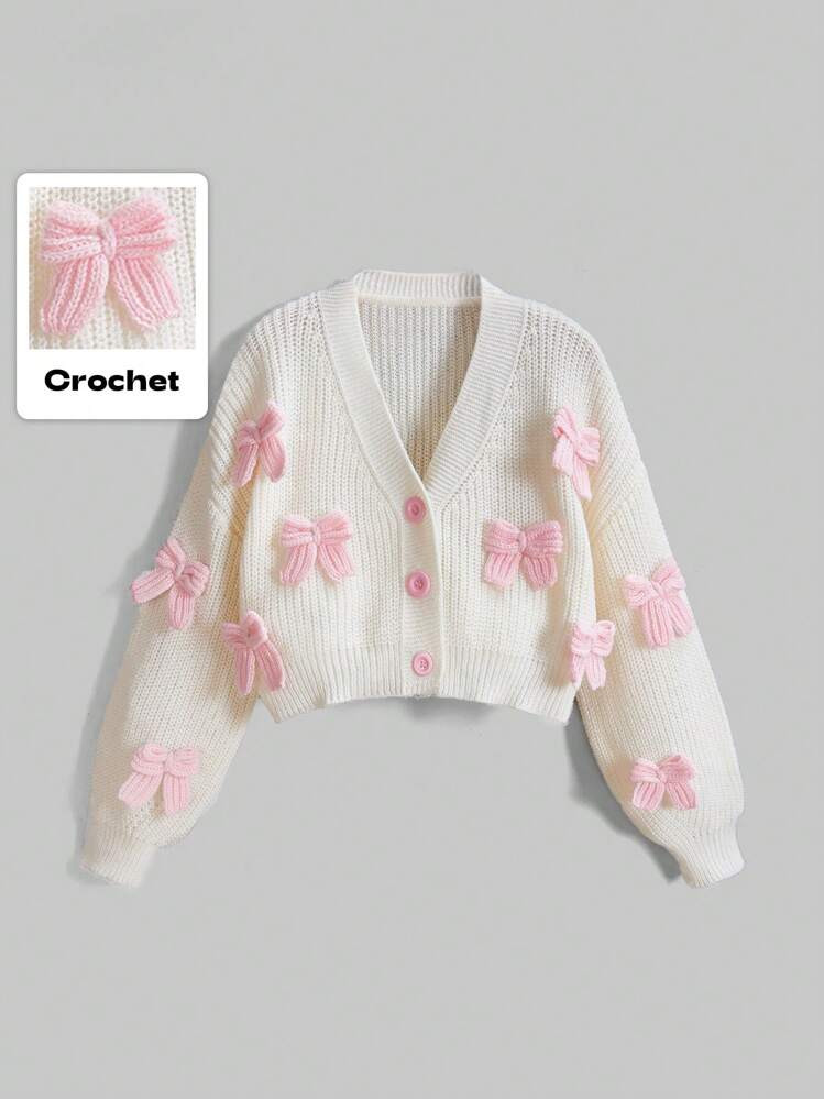 ROMWE Kawaii Women's Himekaji Pink Three-Dimensional Bow Accessories Cute Minimalist Sexy Cardigan, Long Sleeve Tops | SHEIN
