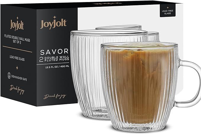 JoyJolt Fluted Glass Coffee Mugs, Double Wall Coffee Mugs. 13.5oz Clear Coffee Mug Set of 2. Latt... | Amazon (US)