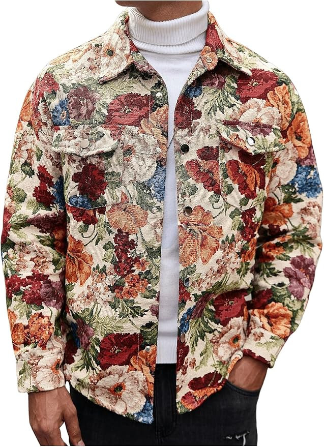 Men's Vintage Floral Embroidery Jackets Collared Neck Long Sleeve Jackets Button Down Drop Should... | Amazon (US)