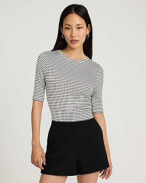 Fitted Ribbed Striped Crew Neck Elbow Sleeve Tee | Express