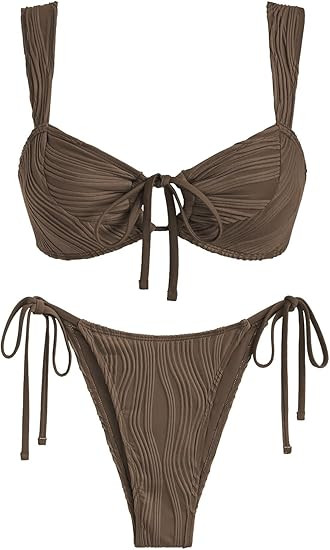 ZAFUL Women's Cinched Bikini Solid Color Wave Textured Knotted Tied Side Two Piece Swimsuit Bathi... | Amazon (US)