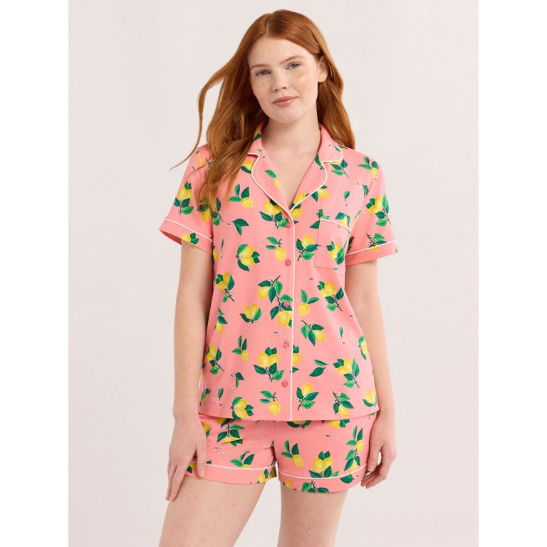 Joyspun Women’s Short Sleeve Knit Notch Collar Top and Shorts Pajama Set, 2-Piece, Sizes XS-3X | Walmart (US)