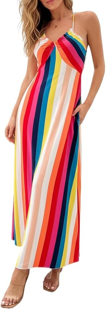 Women's Boho Floral V Neck Maxi Dress Sexy Backless Criss Cross Spaghetti Strap Summer Beach Sund... | Amazon (US)