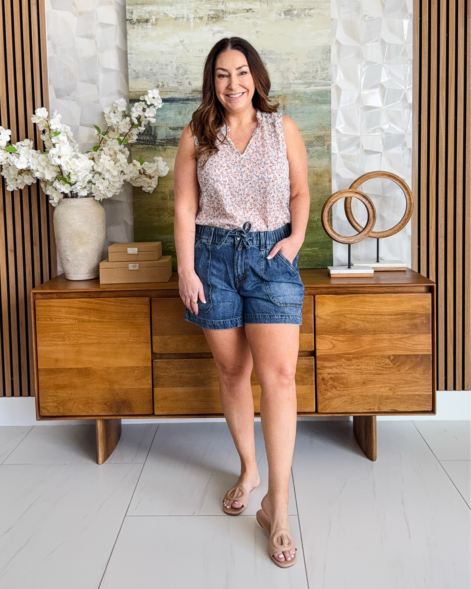 Spring Casual outfit with pull on shorts from @Maurices  wearing 12 in shorts, large in top but this is sheer!  

 

#LTKMidsize #LTKOver40 #LTKSaleAlert