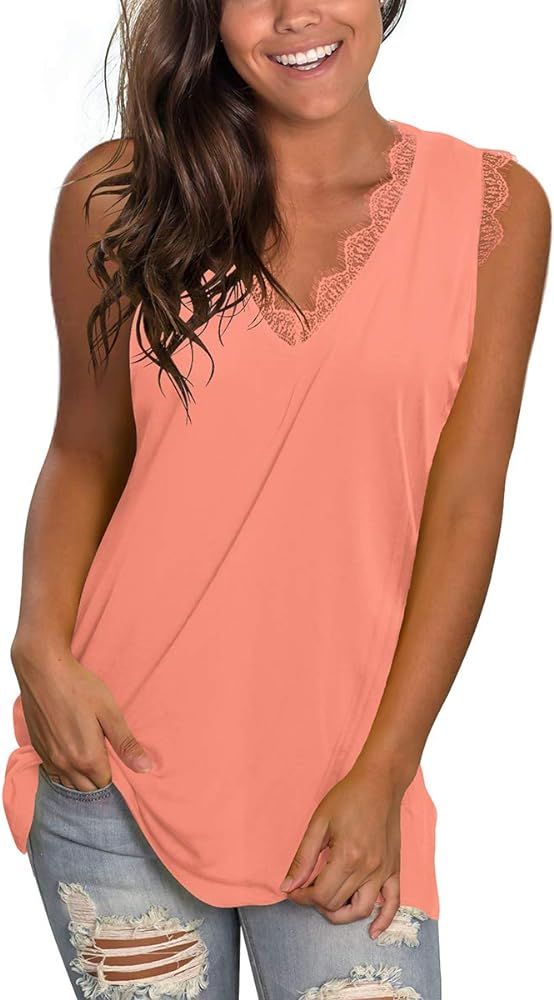 Women's Lace Tank Tops V Neck Sleeveless Summer Casual T Shirts Tunic Side Split Loose | Amazon (US)