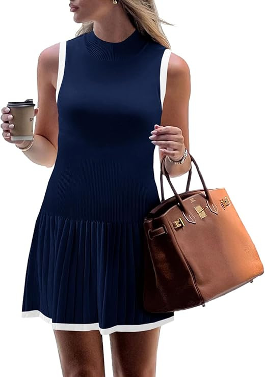 Wenrine Womens Sleeveless Summer Mini Dress Mock Neck Ribbed Knit Ruffle Pleated Casual Tank Dres... | Amazon (US)