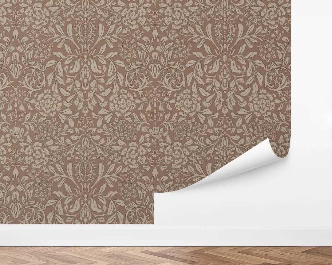 Bell Meadow Wallpaper, Damask Floral, Mocha Brown, Vintage Botanical, Classic Elegant Decor, by L... | Etsy (US)