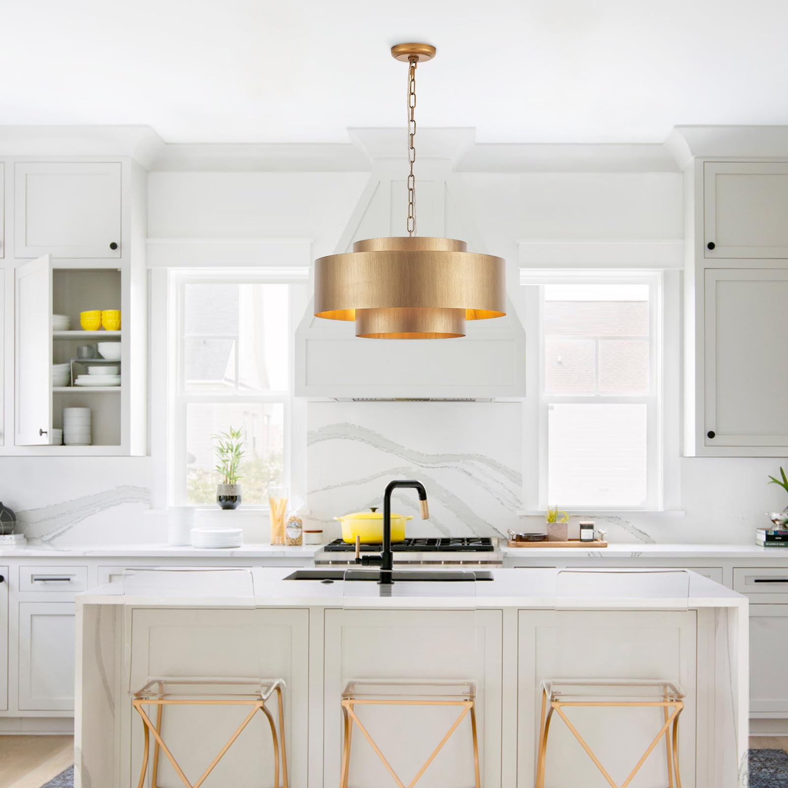 20\u201d Brushed Brass Modern Chandelier Classic 3 Round Metal Pendant Light Contemporary Adjusta... | Amazon (US)