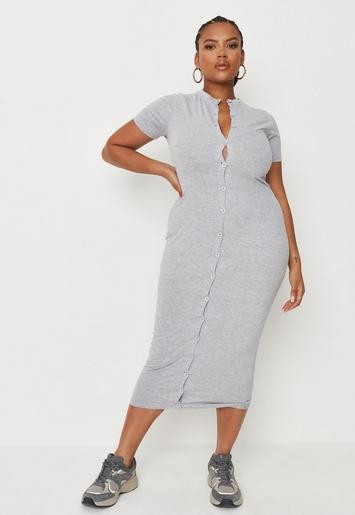 Plus Size Gray Button Through Midi Dress | Missguided (US & CA)