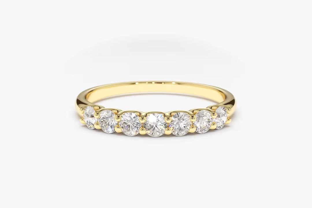 2.5MM 14k Gold 7 Stone U-Shaped Wedding Band / 0.45 ctw Diamond Wedding Ring Shared Prong Engagem... | Etsy (US)
