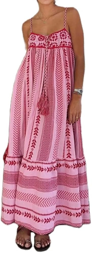FEORJGP Womens Summer Spaghetti Straps Maxi Dress Boho Flowy Floral Print Midi Dress Swing Loose ... | Amazon (US)
