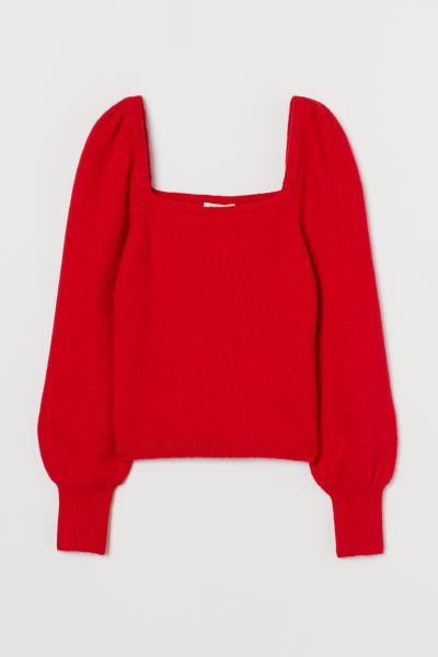 Soft, fine-knit sweater with wool content. Square neckline, long puff sleeves, and wide ribbing a... | H&M (US)