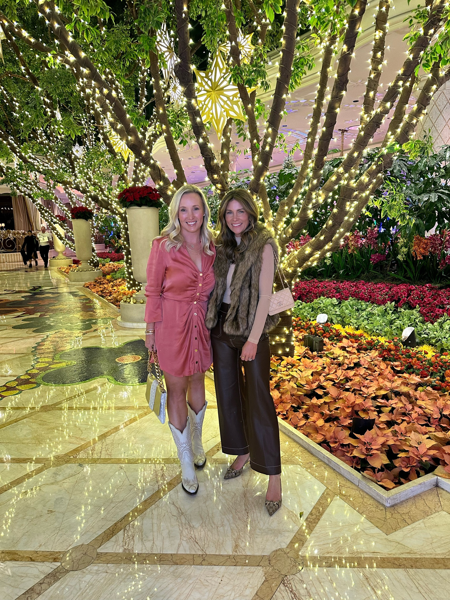 Last nights Vegas outfit!  🎲 
Abercrombie faux fur vest 
Amazon bodysuit 
Anthropologie faux leather pants 
Gucci heels 
Chanel bag 
Andi’s dress is Ramy Brook and Luchesse boots! 

#LTKStyleTip #LTKShoeCrush