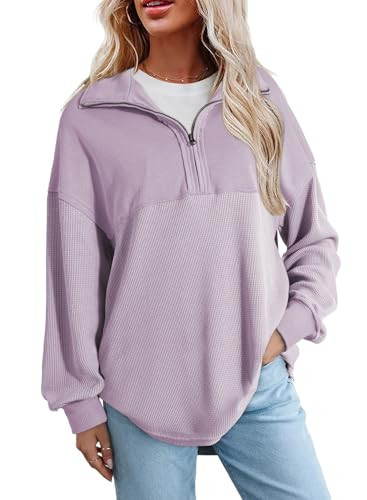 SHEWIN Women Fall Sweatshirt Waffle Knit Quarter Zip Top, Purple, Size 2XL | Amazon (US)