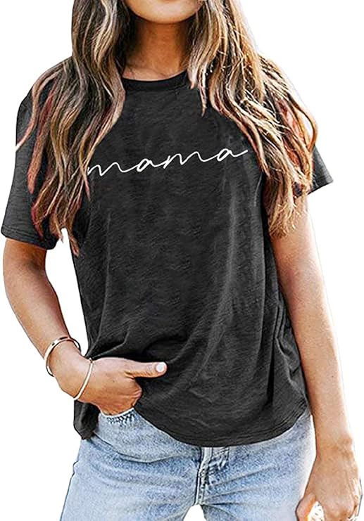 ASTANFY Mama Shirts Women Mama Letter Printed T-Shirt Mama Graphic Tee Casual Short Sleeve Tops T... | Amazon (US)