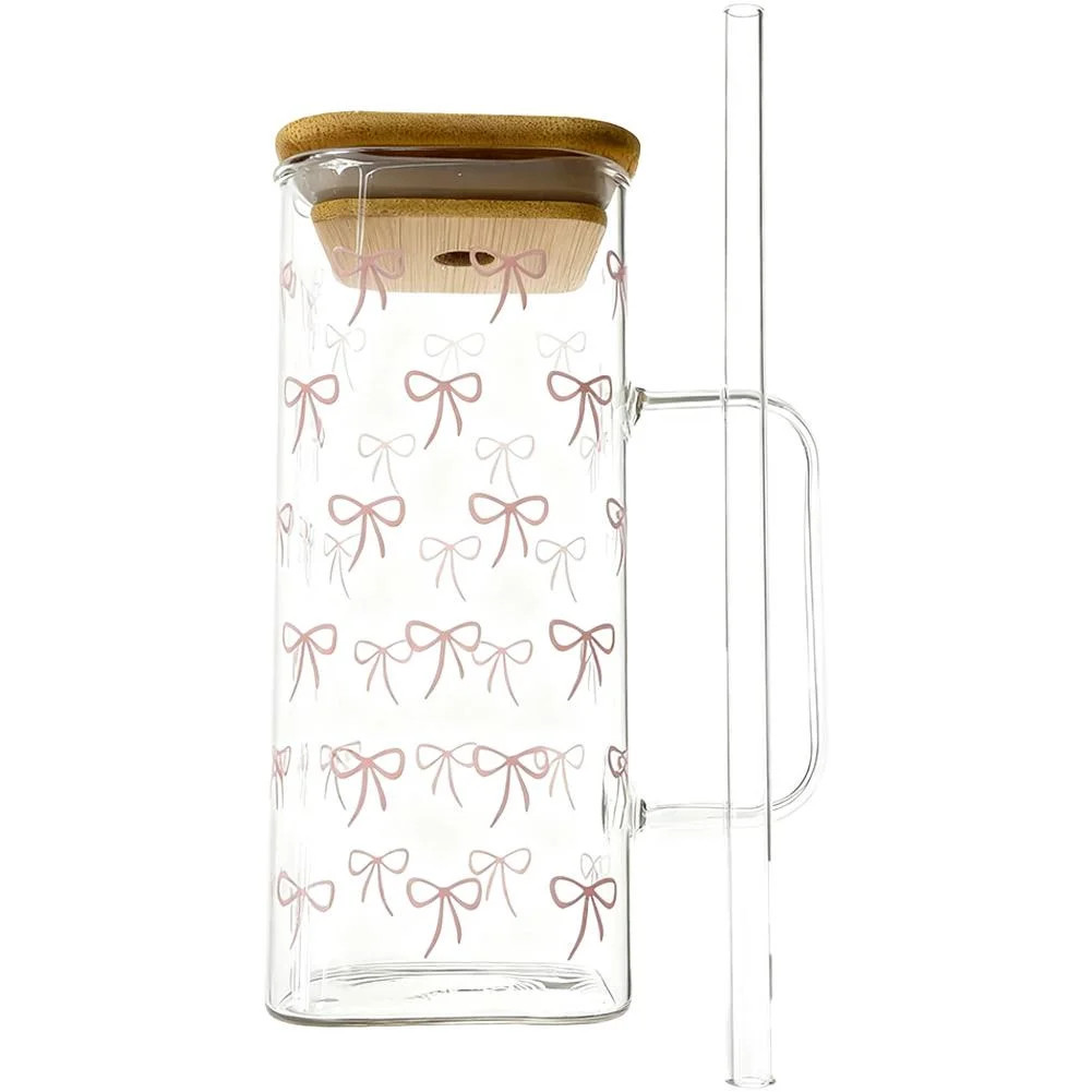 Christmas Glass Cups,13oz Iced Coffee Cups with Lids and Straws,Bow Glass Cup,Cute Tumbler Smooth... | Walmart (US)