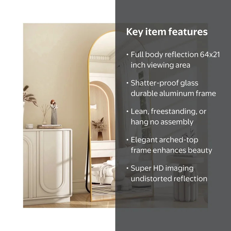 BEAUTYPEAK 64"x 21" Full Length Mirror Arched Standing Floor Mirror Full Body Mirror, Gold | Walmart (US)