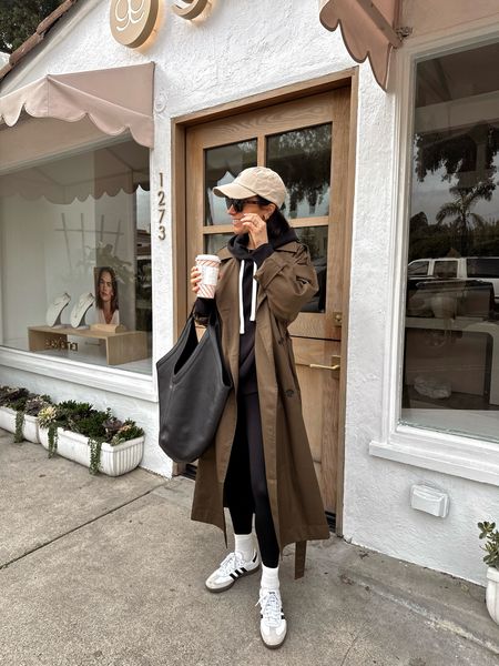 This morning’s walk to breakfast outfit 
Trench is an oversized fit, wearing an Xxs
Went up one size in the hoodie, could have done one more size (wearing a small) 

#LTKover40