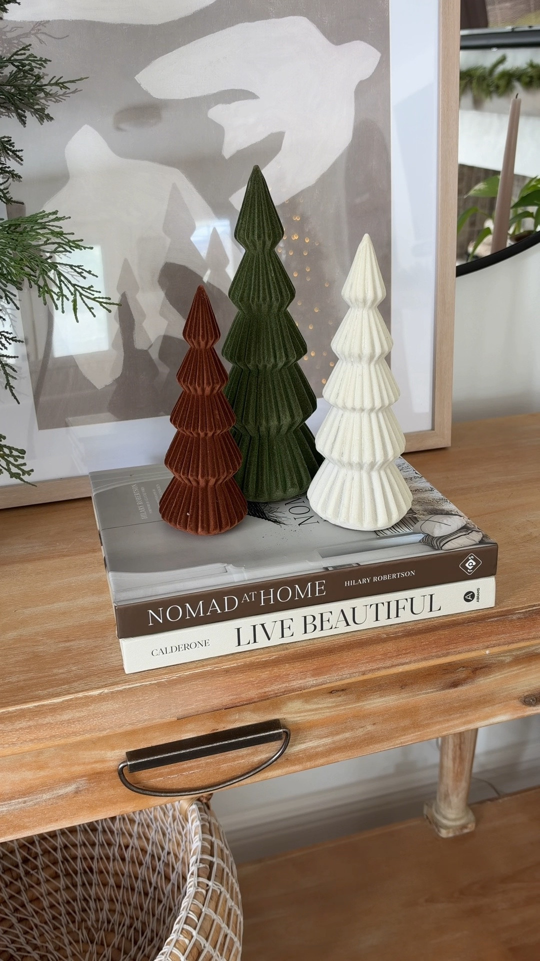 Love this set of 3 velvet ceramic Christmas tree decor in green, beige and brown! So cute for a tabletop, console table, mantel centerpiece and Christmas decorating!