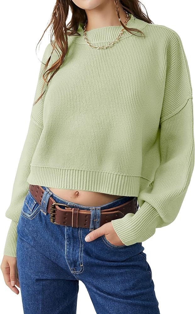 VIUTIL Womens Oversized Cropped Sweater Batwing Long Sleeve Crew Neck Knit Pullover Sweaters Tops... | Amazon (US)
