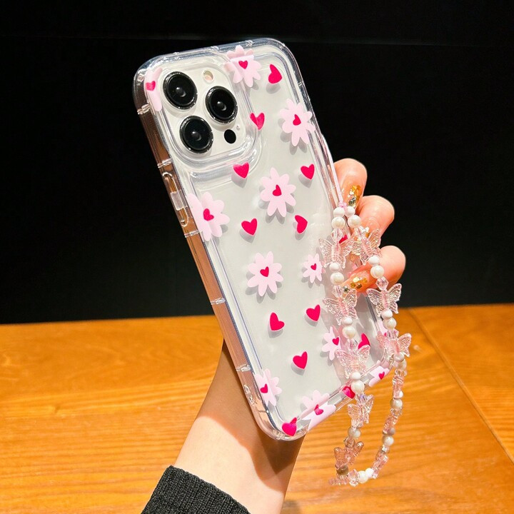1pc Pink Korean Style Sweet Love Heart Flower Bubble & Flower Strap Shockproof Phone Case Compati... | SHEIN