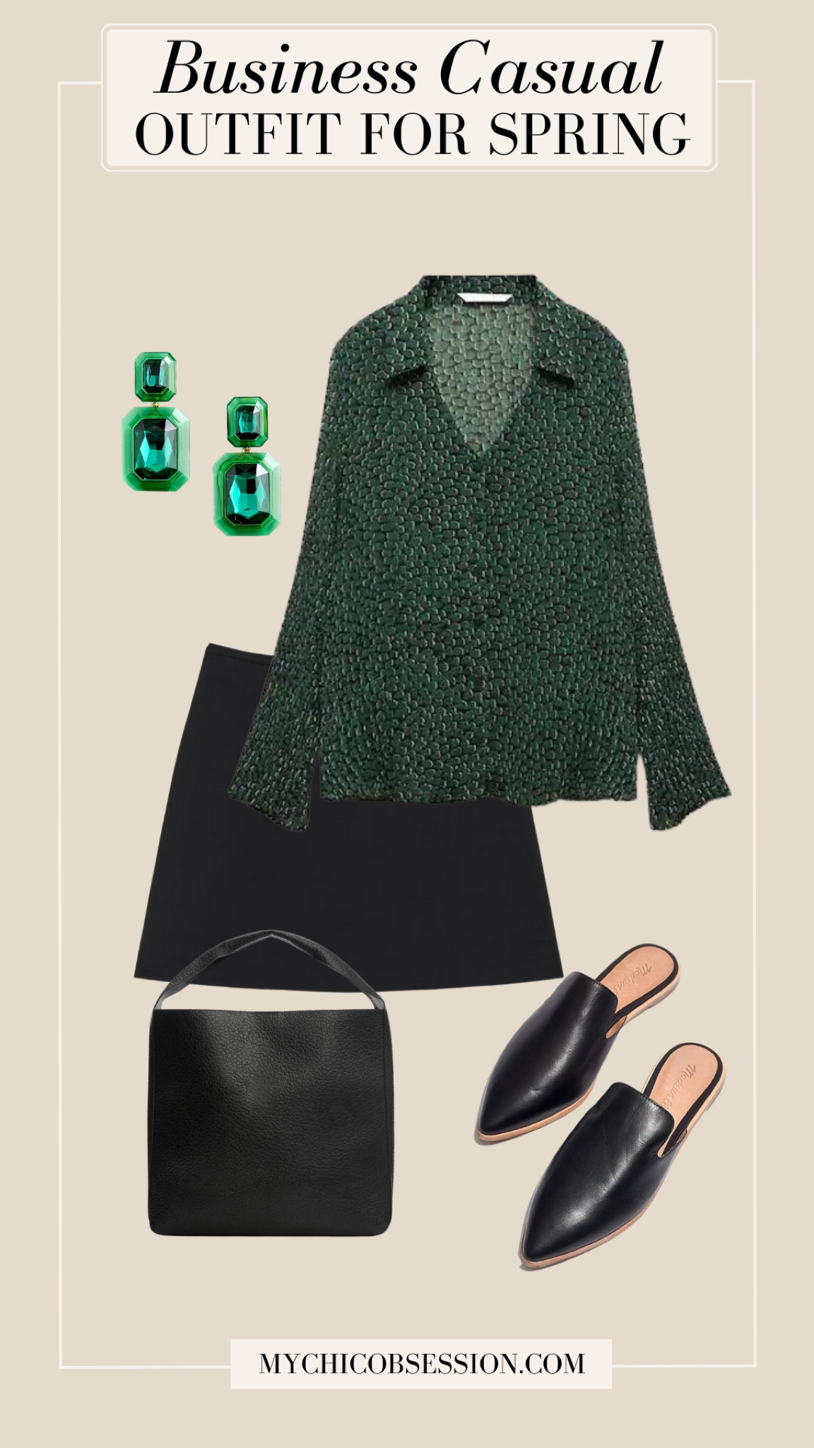 Pair a printed blouse with a tailored skirt in a solid color that complements the print, and go for pointed-toe flats or low heels. For this look, you can even add a statement necklace or earrings, and don’t forget your structured tote bag to complete the look.