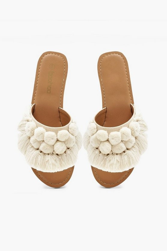 Pom Pom Frill Leather Slides | Boohoo.com (US & CA)