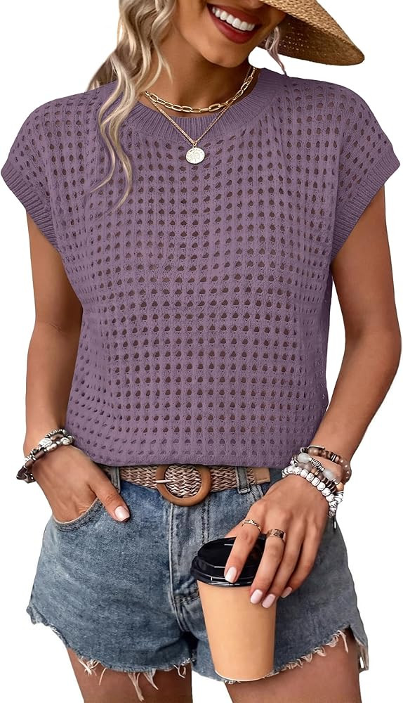 WIHOLL Womens Summer Cap Sleeve Crochet Tops Hollow Out Spring Sweaters Vacation Cruise Outfits F... | Amazon (US)