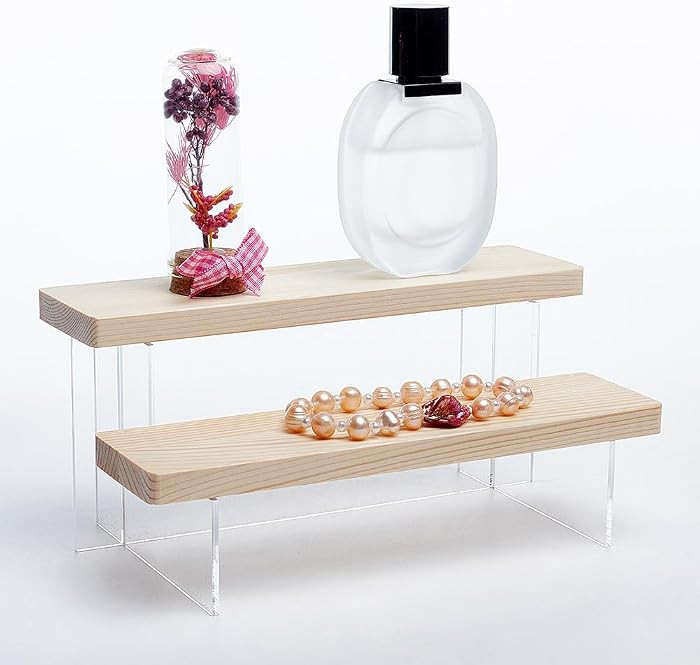 NBEADS 2-Tier Wooden Display Riser Shelf, Antique White Tabletop Small Food Stand Risers Acrylic ... | Amazon (US)
