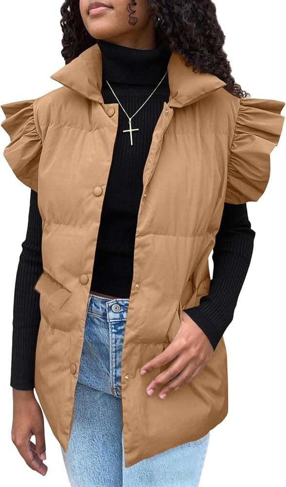Kedera Women Quilted Lightweight Ruffled Sleeve Puffer Jacket Vest Sleeveless Outerwear Vests wit... | Amazon (US)