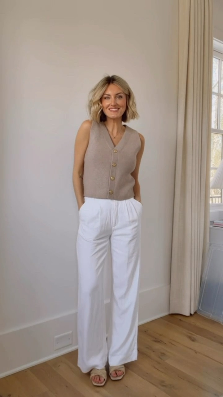 This neutral sweater vest paired with these tailored white pants is the perfect elevated spring look! You can wear these pieces for work or play! Wearing S/26!

Loverly Grey, spring outfit, tailored pants, spring outfit, spring workwear, neutral vest 

#LTKSeasonal