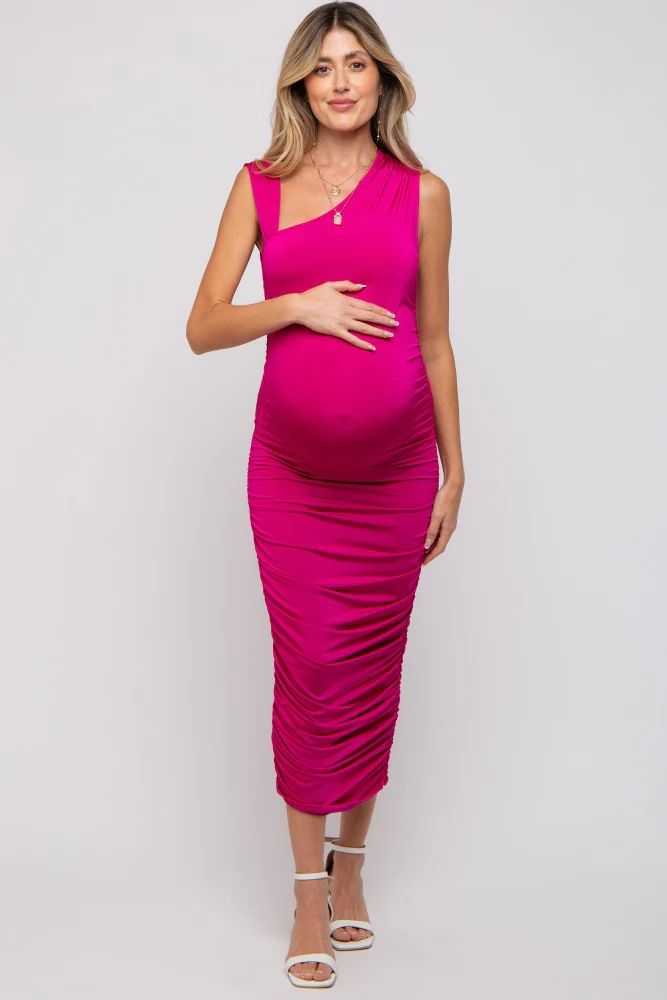 Magenta Asymmetrical Ruched Maternity Midi Dress | PinkBlush Maternity