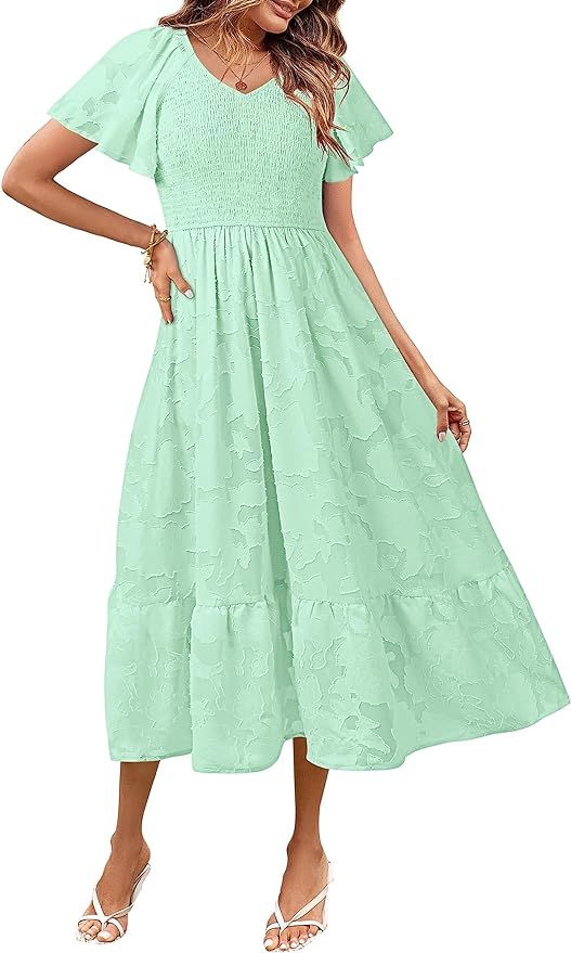 MEROKEETY Womens 2024 Summer V Neck Ruffle Sleeve Floral Dress Lace Flowy Smocked Midi Dresses | Amazon (US)