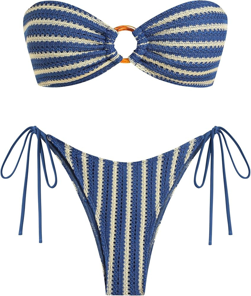 ZAFUL Women's Bandeau Bikini Strapless O Ring Lace Tie Back High Cut Two Piece Swimsuit Bathing S... | Amazon (US)