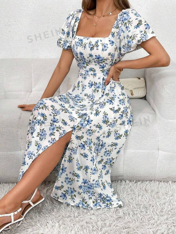 SHEIN Privé Elegant Summer Simple And Elegant Square Neck Blue And White Printed Vacation Plus S... | SHEIN