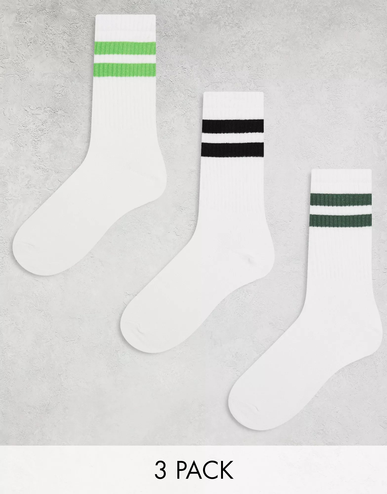 Weekday 3-pack stripe sport socks in white with black and green stripe | ASOS (Global)