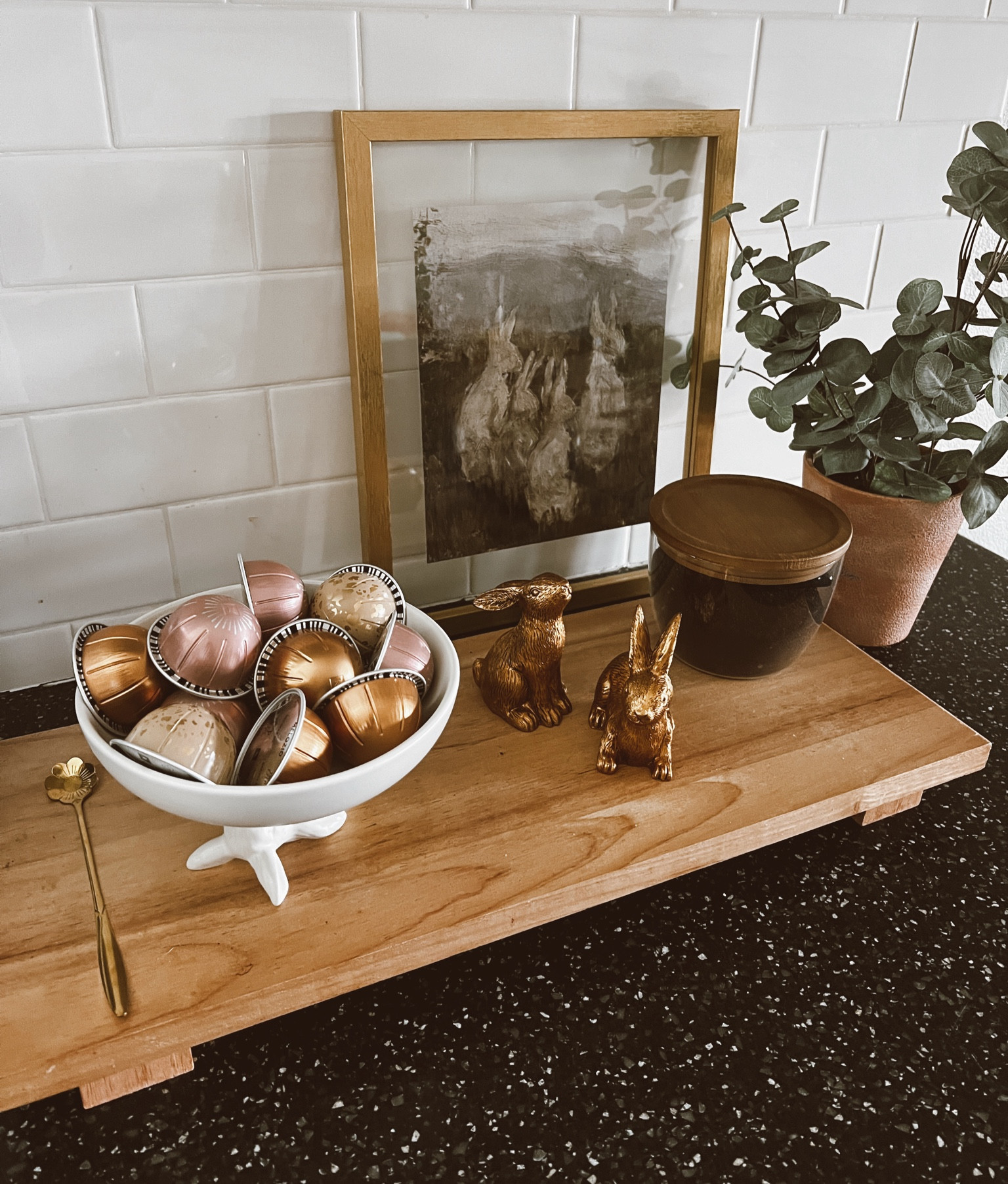 Spring Coffee Bar Set Up! Linking similar gold resin bunnies and picture frame! 

#home #kitchendecor #kitchen #coffeebar #springdecor #easterdecor #easter #coffeebardecor

#LTKfindsunder50 #LTKhome #LTKSeasonal