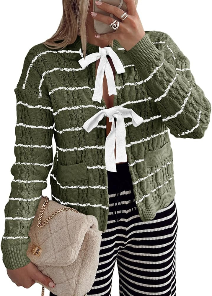 Saodimallsu Womens Striped Tie Front Cardigan Sweaters Crew Neck Long Sleeve Cable Knit Bow Knot ... | Amazon (US)